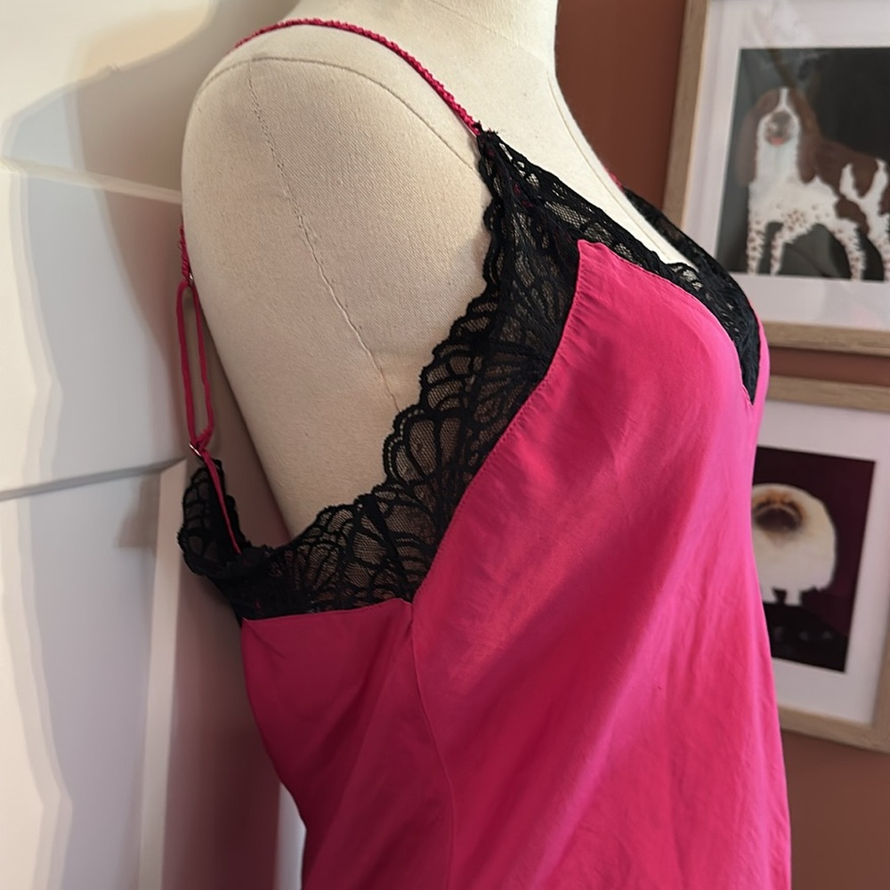Josie NATORI 2-piece cami shorts hot pink & black lace L polyester pajamas - Picture 5 of 13